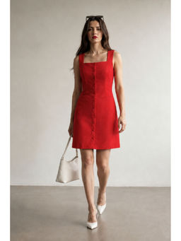 Virgio - Women Red Solid Cotton Front Button Open Mini Dress