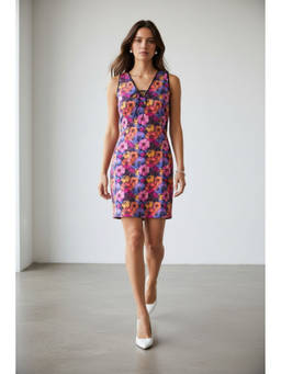 Virgio - Women Multi-Color Floral Cotton Floral Tie-Front Mini Dress