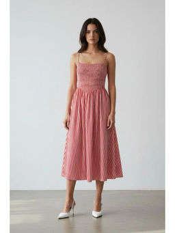 Virgio - Women White Striped Cotton Smocked Stripe Midi Dress