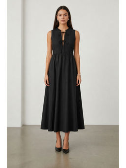Virgio - Women Black Solid Cotton Pleated Keyhole Tie Maxi Dress