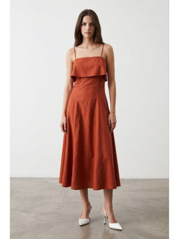 Virgio - Women Brown Solid Cotton Layered A-Line Midi Dress