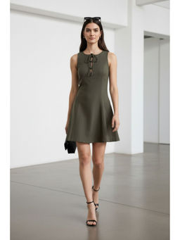 Virgio - Women Olive Solid Cotton Tie-Up Neck Mini Dress