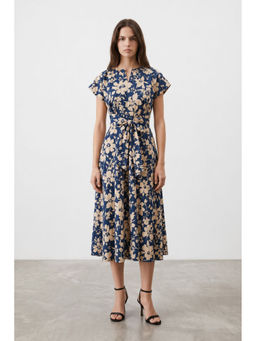 Virgio - Women Blue Floral Cotton Floral V Neck Tie Up Midi Dress