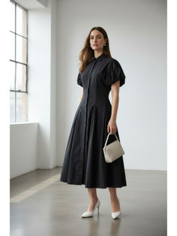 Virgio - Women Black Solid Cotton Shirt Collar Midi Dress