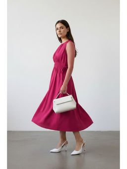 Virgio - Women Pink Solid Cotton Waist Tie Up Midi Dress