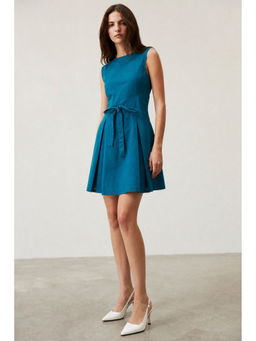 Virgio - Women Teal Solid Cotton Panelled Bow Detail Mini Dress.