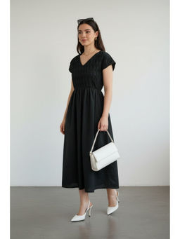 Virgio - Women Green Textured Cotton Pleated Bodice Midi Dress
