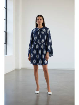 Virgio - Women Navy Blue Abstract Viscose Abstract Fit and Flare Dress