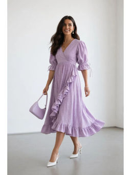 Virgio - Women Purple Checked Gingham V Neck Ruffle Midi Dress