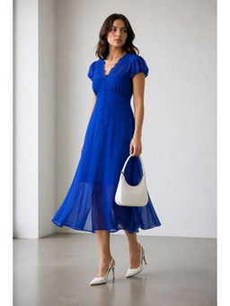 Virgio - Women Blue Solid Viscose Lace Detail Midi Dress