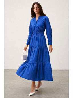Virgio - Women Blue Solid Cotton Back Cut-Out Detail Shirt Dress