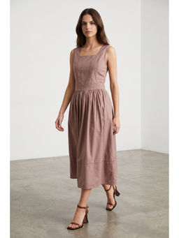 Virgio - Women Brown Solid Cotton Panelled Bodice Midi Dress