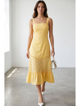 Virgio - Women Yellow Texture Cotton Dress With Lace Panel Detail