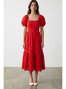 Virgio - Women Red Self Design Cotton Schiffli Puff Sleeve Midi Dress