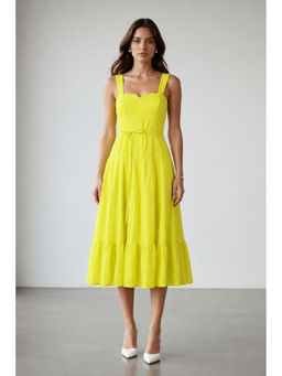 Virgio - Women Yellow Solid Cotton Panelled Midi Dress