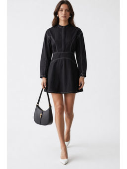 Virgio - Women Black Solid Cotton Topstitch Detail Mini Dress