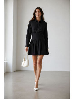 Virgio - Women Black Solid Cotton Waist Yoke Detail Mini Dress