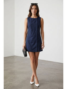 Virgio - Women Navy Blue Solid Cotton Double Breasted Mini Dress