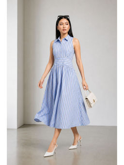 Virgio - Women Blue Striped Cotton Collared Waist Panel Midi Dress