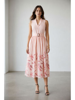 Virgio - Women Peach Tropical Cotton V-Neck Midi Dress With Belt