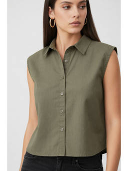 Virgio - Olive Women Solid Cotton Sleeveless Button-Down Shirt
