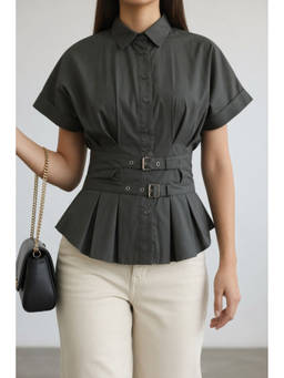 Virgio - Green Women Solid Cotton Waist Belt Peplum Shirt