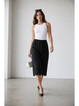 Virgio - Black Women Solid Cotton Side Slit Schiffli Skirt