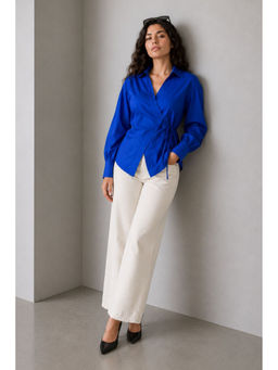 Virgio - Blue Women Solid Cotton Asymmetric Tie-Up Shirt