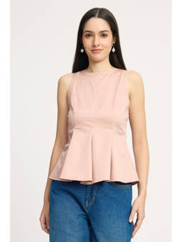 Virgio - Pink Women Solid Cotton Sleeveless Fitted Peplum Top