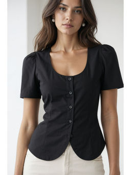 Virgio - Black Women Solid Cotton Scoop Neck Tie-Back Regular Top