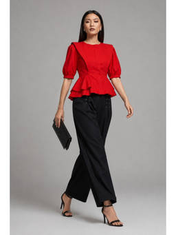 Virgio - Red Women Solid Cotton Front Zip Closure Peplum Top