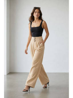 Virgio - Beige Women Solid Viscose Double Buckle Wide Leg Pant with Belts