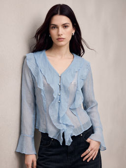 Outzidr - Light Blue Button Down Detailed Ruffles Top