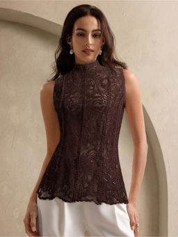 Outzidr - Brown Lace Mock Neck Top