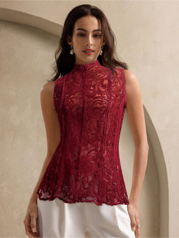 Outzidr - Maroon Lace Mock Neck Top