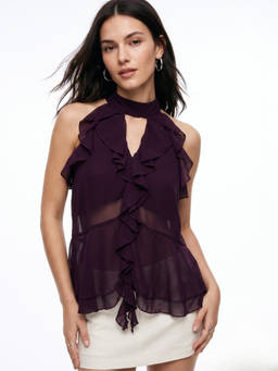 Outzidr - Wine Halter Neck With Ruffles Top