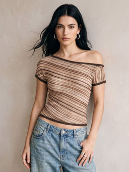 Outzidr - Beige Striped One Shoulder Crop Top