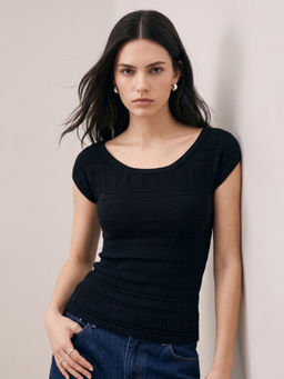 Outzidr - Black Round Neck Crochet Styled Top