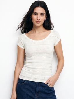 Outzidr - Off White Round Neck Crochet Styled Top