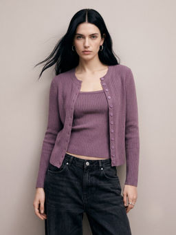 Outzidr - Purple Striped Textured Cardigan Styled Top with Camisole