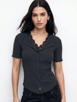 Outzidr - Black Collared V Notch Lace Insert Top