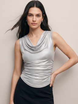 Outzidr - Silver Shimmer Apple Hem Cowl Neck Top