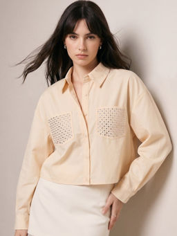 Outzidr - Cream Button Down Collared Crochet Typed Pockets Shirt