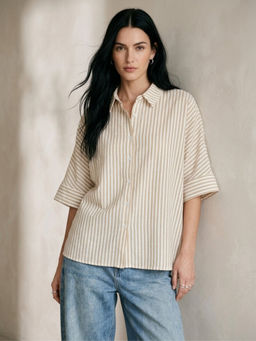 Outzidr - Beige Button Down Oversized Striped Shirt