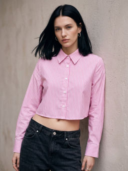 Outzidr - Pink Button Down Back Bow Tie Up Detail Shirt