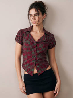 Outzidr - Wine Checkered Fitted Button Down Shirt