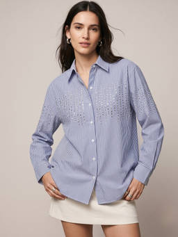 Outzidr - Blue Sequin Embellished Blue Stripe Shirt