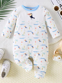 Hopscotch - Boys Blue & White Tropical Print Full-Sleeve Footies with Bact Shield