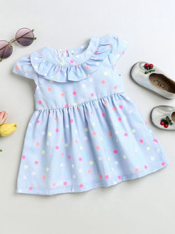 Hopscotch - Girls Blue Polka Dot Print Ruffle Embellished Cap Sleeve Casual Dress