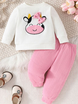 Hopscotch - Girls White & Pink Cow Embroidered Sweatshirt & Jogger Set